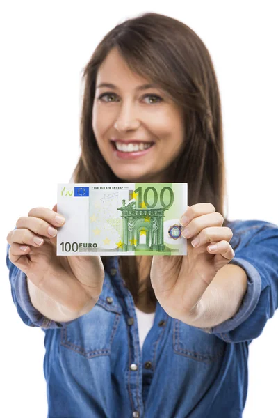 Woman holding some Euro currency notes — Stock Photo, Image