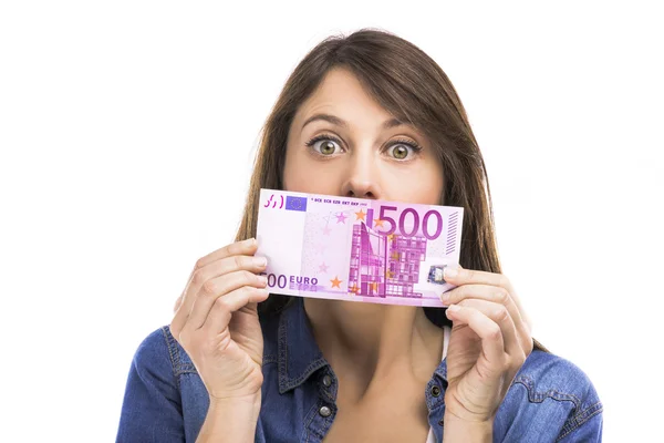 Mujer sosteniendo algunos billetes de euro — Foto de Stock