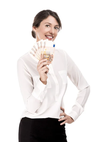 Kobieta trzyma banknoty euro waluty — Zdjęcie stockowe