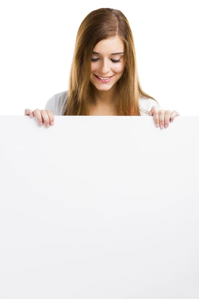 Woman with a big blank board — Stock Photo, Image
