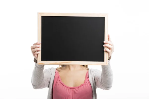 Woman holding  a chalkboard — Stock Photo, Image