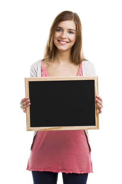Woman holding  a chalkboard — Stock Photo, Image