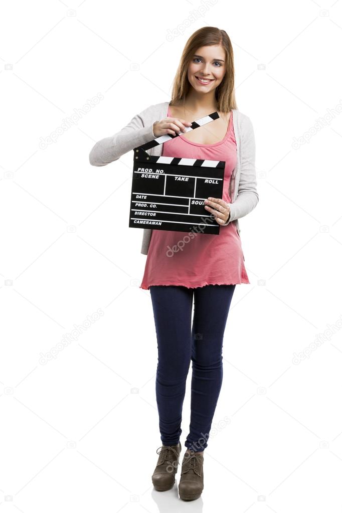 Woman holding  a clapboard