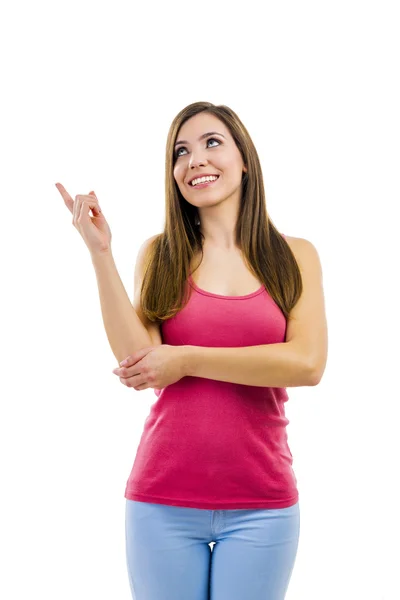 Vacker kvinna pekar på något — Stockfoto