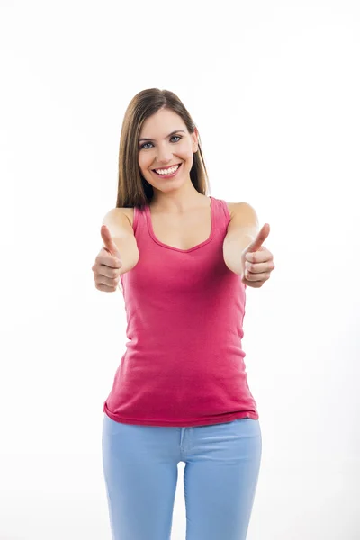 Happy woman with thumbs up — Stock Photo, Image