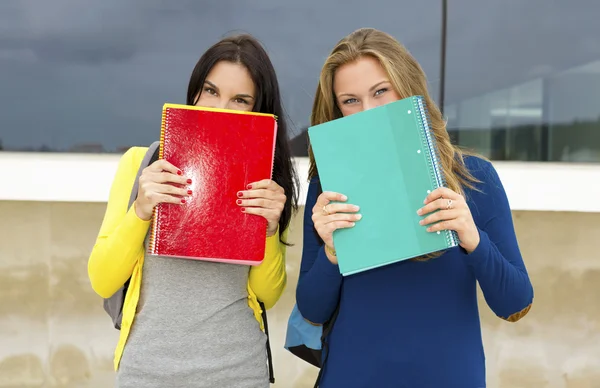 Students covering the faces with school books — Stock Photo, Image