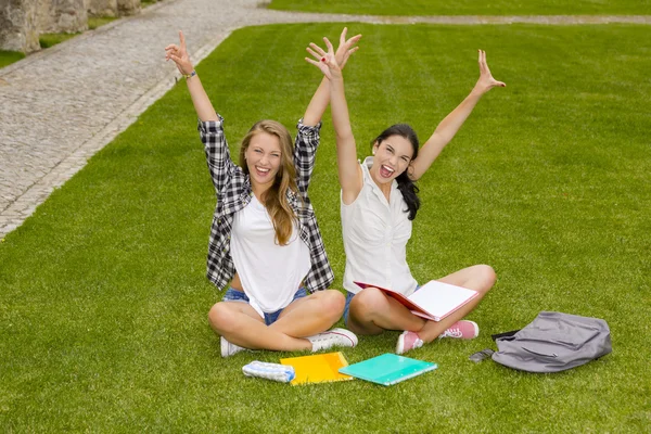 Happy beste vrienden zittend op het gras — Stockfoto