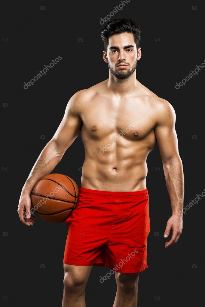 Handsome shirtless basketball player with ball — Stock Photo