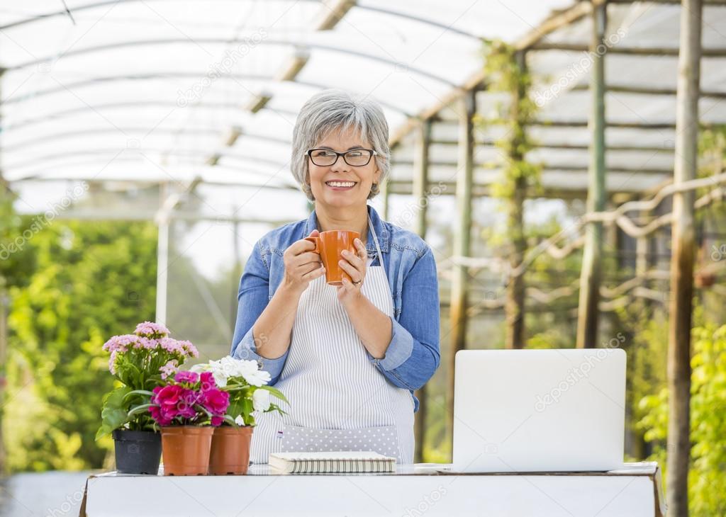Side View Of Mature Woman Inspecting Potted Plants Hanging