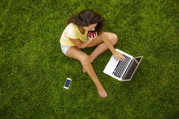 Mulher trabalhando com um laptop na grama — Fotografia de Stock