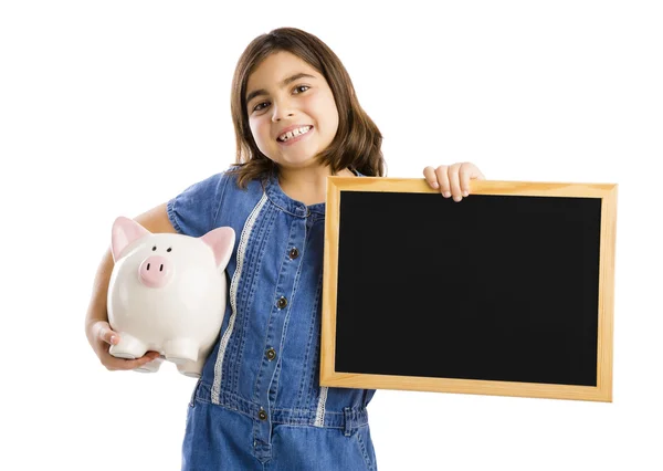 Flicka som håller en piggybank — Stockfoto