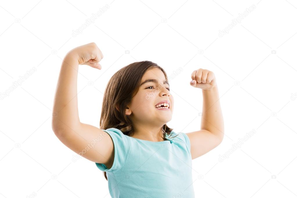 Happy girl with arms raised on air