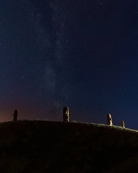 Четыре каменных головы на холме ночью — стоковое фото