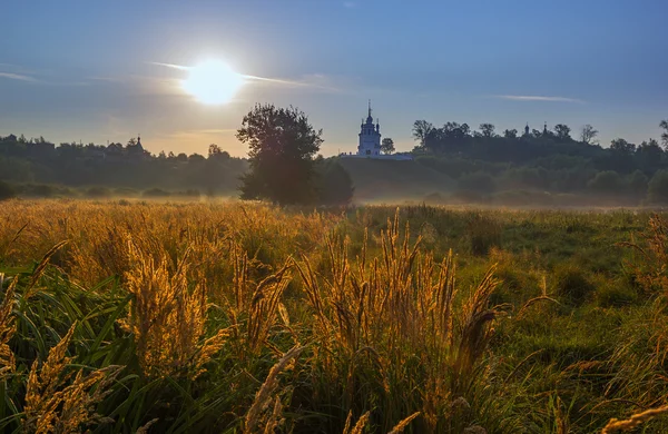 Kościół na wzgórzu rano pole krajobraz — Zdjęcie stockowe