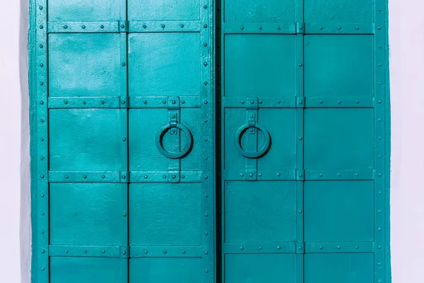 Новая Покрашенная Железная Двойная Дверь Двумя Кольцами — стоковое фото