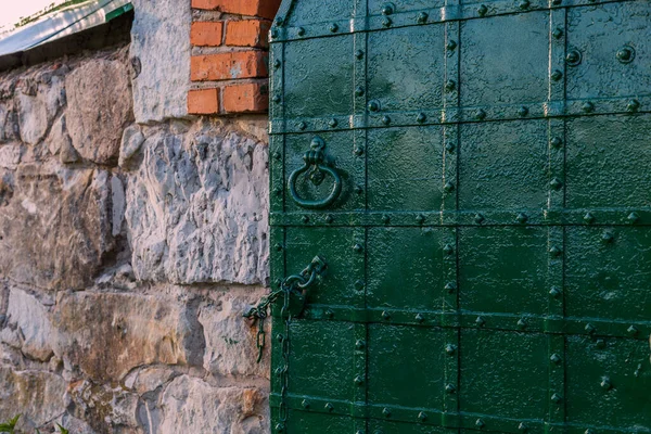 Темно Зеленый Заклепанный Фон Двери Выборочным Фокусом — стоковое фото