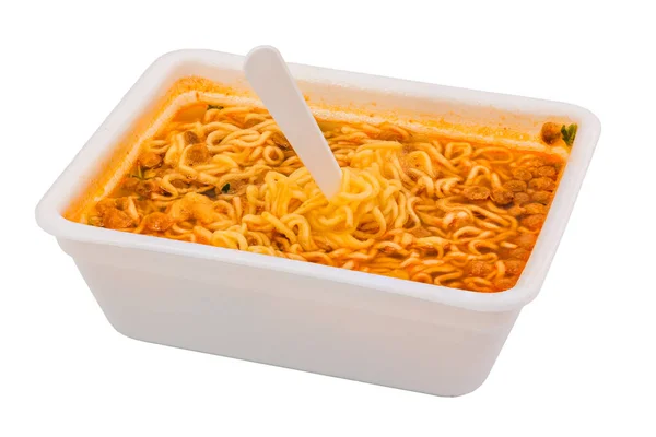 Μαγειρεμένα Στιγμιαία Noodle Ορθογώνιο Κύπελλο Φελιζόλ Απομονώνονται Λευκό Φόντο Πιρούνι — Φωτογραφία Αρχείου