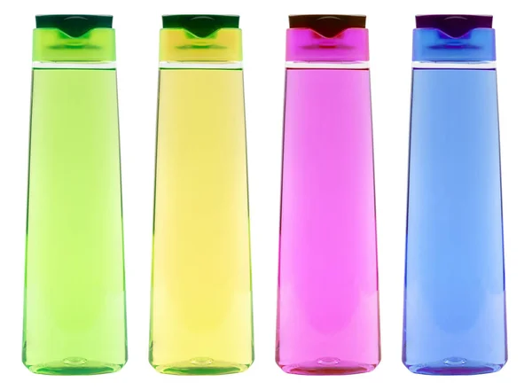 Conjunto de transparentes botellas de champú de color claro aislado en blanco - sin etiquetas — Foto de Stock