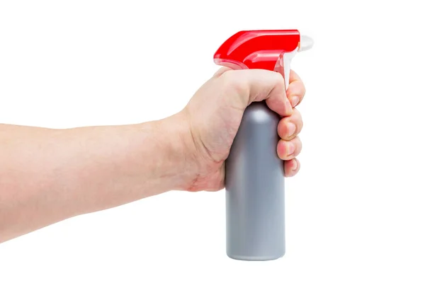 Bare white hand holding gray plastic spray bottle - isolated on white background — Stock Photo, Image