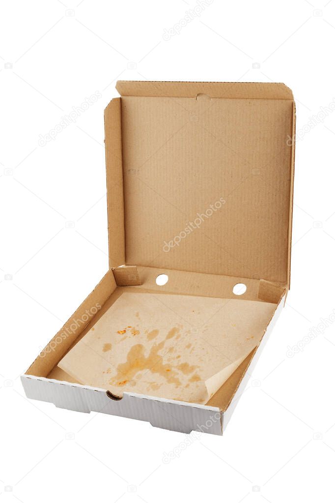 empty eaten opened pizza box isolated on white background