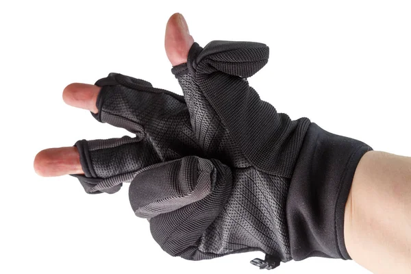 Černá profesionální fotografická rukavice s otočnými prsty na bílé ruce izolované na bílém pozadí — Stock fotografie