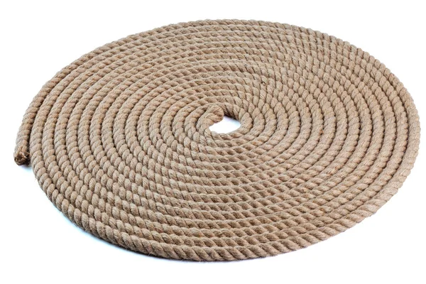 Spiral platt spole av naturliga Jute Hessian rep snöre flätade Twisted isolerad på vit bakgrund — Stockfoto