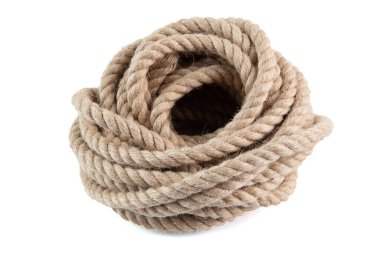 Doğal Jute Hessian halat kordonu kıvrılmış kıvrımlı beyaz arka planda izole