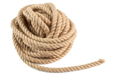 Doğal Jute Hessian halat kordonu kıvrılmış kıvrımlı beyaz arka planda izole