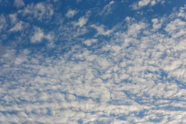 Weiße Abend Altocumulus Wolken auf blauem Himmel Vollbild-Hintergrund — Stockfoto