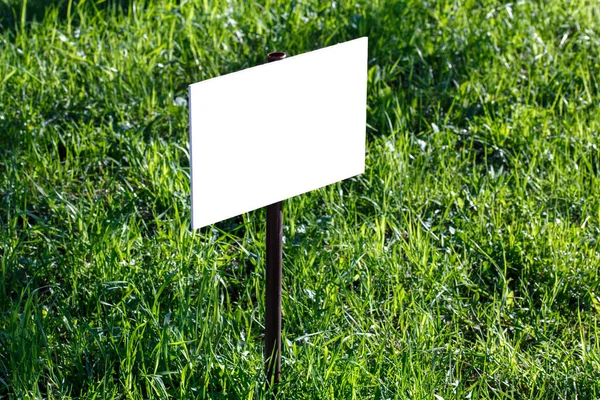 Blank white sign mockup on green lawn background - close-up with selective focus — Stock Photo, Image