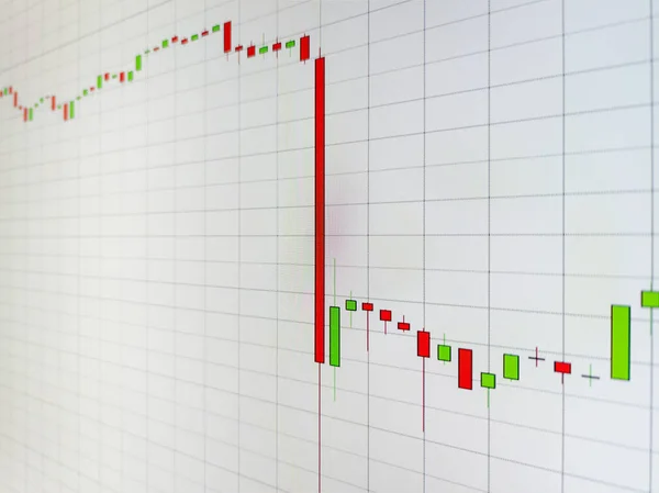 Abstract candlestick chart on white digital screen. Stock market or crypto data chart, graph with rectangular grid on light background. — Stock Photo, Image