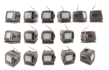 Eski 5.5 inçlik protez analog crt TV seti beyaz görüntüde izole edildi.
