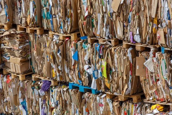Tula, Rusya - 3 Ağustos 2021: Ezilmiş ve sıkıştırılmış karton ambalaj çiçeği ve kağıt yığını.