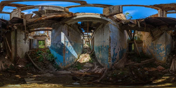 360 by 180 degree full spherical panorama inside of an abandoned half-destroyed dormitory at summer daylight — Stock Photo, Image