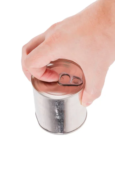 Bare caucasian hand opens a tin can with a pull ring on a white background — Stock Photo, Image