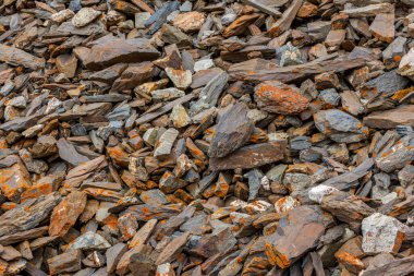 Rugged pile of rocks showcases various sizes and shapes, adorned with vibrant orange lichen. Natural outdoor setting captures the essence of untouched nature during daytime.