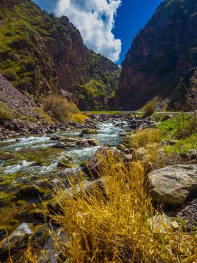 A tranquil river flows gracefully through a rocky canyon in a mountainous Kyrgyzstan region. The peaceful atmosphere and majestic landscape create a serene natural setting during the day.