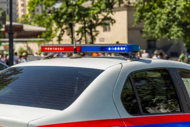 police car with lights on city street during sunny summer daytime