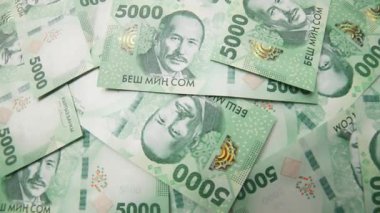 rotating background of new 5000 Kyrgyzstani Som banknotes, closeup full-frame background