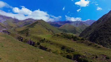 Kırgızistan 'da yeşil bir dağ çayırında otlayan inekler. Kamera yavaşça yaklaşıyor. Yuvarlanan tepeler, kayalık kayalıklar ve dağılmış bulutlarla dolu açık mavi gökyüzünün altındaki uzak kar örtülü tepeler ile sakin bir manzarayı gözler önüne seriyor..