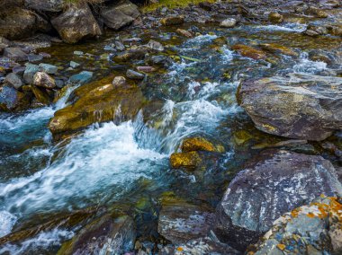 Cascading mountain stream flows gently over numerous rocks of various sizes and colors. Serene outdoor setting evokes feelings of tranquility and refreshment in nature.