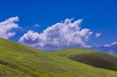 Uçsuz bucaksız manzarada tüylü bulutlarla dolu parlak mavi gökyüzünün altında dingin tepeler vardır. Huzurlu atmosfer gün boyunca bu güzel dağlık bölgede sükuneti davet ediyor..