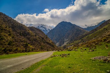 Sakin yol, berrak mavi gökyüzünün altındaki engin dağlık arazide dolaşır. Huzurlu doğa sahnesi Kırgızistan 'da yansımayı ve keşfi davet ediyor.
