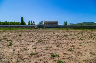 Serene Kok-Boru stadyumu tribünlerle çevrili kırsal bir alanda boş duruyor. Arka planda dağlar görkemli bir şekilde yükselir, gün boyunca huzurlu ve ıssız bir atmosfer yaratır..