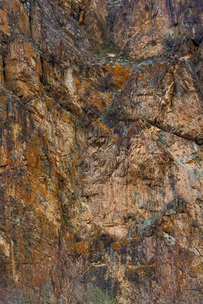 Parlak gün ışığında turuncu ve kahverengi renk bozulması olan dramatik tortul kaya oluşumunun dokusu. Tabandaki seyrek bitki örtüsü dağlık bölgenin engebeli ve sade atmosferine katkı sağlar..