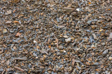 Kırgızistan 'daki dağ geçidinde ezilmiş kuru tortulu kayaların çeşitliliği.