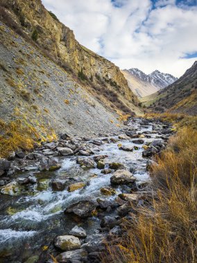 Kırgızistan 'ın görkemli dağlarında, sayısız kayaların arasında, yumuşak nehir huzur içinde akar. Parlak gün ışığı, doğanın huzur veren güzelliğini arttırır. Huzur hissi uyandırır..
