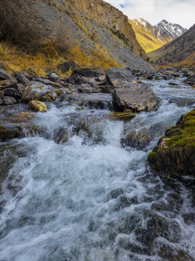 Kırgızistan 'da sayısız kaya ve görkemli kar örtülü dağlarla çevrili akan nehrin sakin manzarası. Doğa güzelliği gündüzleri huzurlu bir atmosfer yaratır..