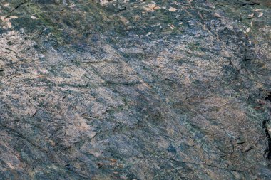 Görünür çatlaklar, çizgiler ve doğal ışık altında granüler dokuya sahip gri, yeşil ve bej renklerin bir karışımını gösteren kaba metamorfik kaya yüzeyinin ayrıntılı görüntüsü.