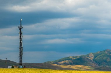 Telekomünikasyon kulesi altın otların üzerinde dimdik duruyor. Yuvarlanan tepeler ve dağlar bulutlu gökyüzünün altında geniş, atmosferik bir zemin oluşturur..